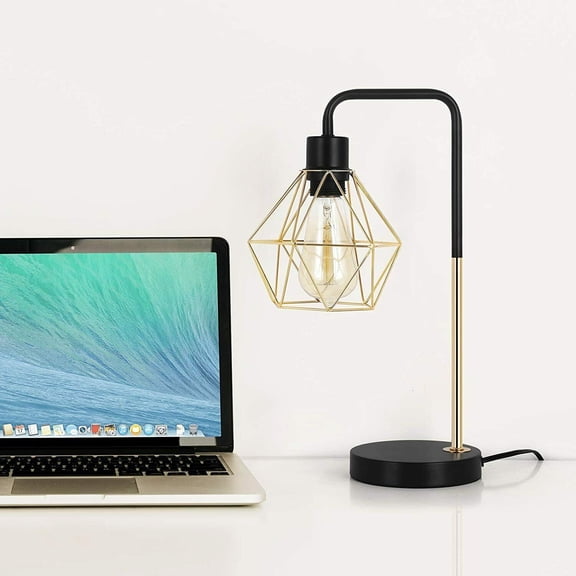Modern Table Lamp Gold Geometric Cage Shade Bedside Lamp Desk Lamp for Bedroom