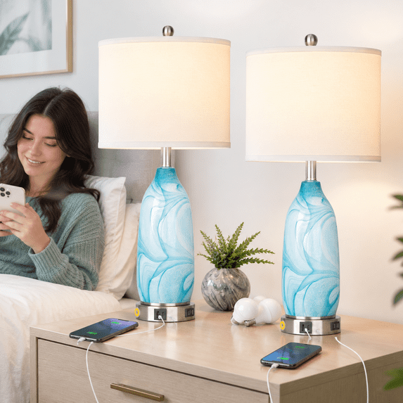 Usb A Point Modern Table Lamp Set of 2, Blue-2 Glass Design with USB-C, USB-A, AC ...