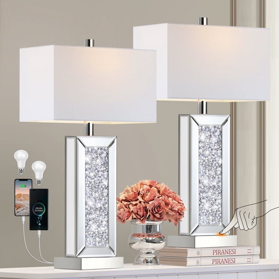 Modern Table Lamp Set of 2 Touch Control, Silver Mirror Big Diamond Crystal Bedside Lamp with USB C+A Ports