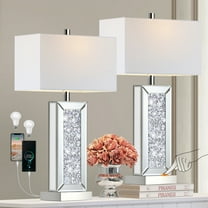 Modern Table Lamp Set of 2 Touch Control, Silver Mirror Big Diamond Crystal Bedside Lamp with USB C A Ports