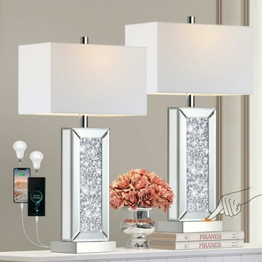 Modern Table Lamp Set of 2 Touch Control, Silver Mirror Big Diamond Crystal Bedside Lamp with USB C+A Ports
