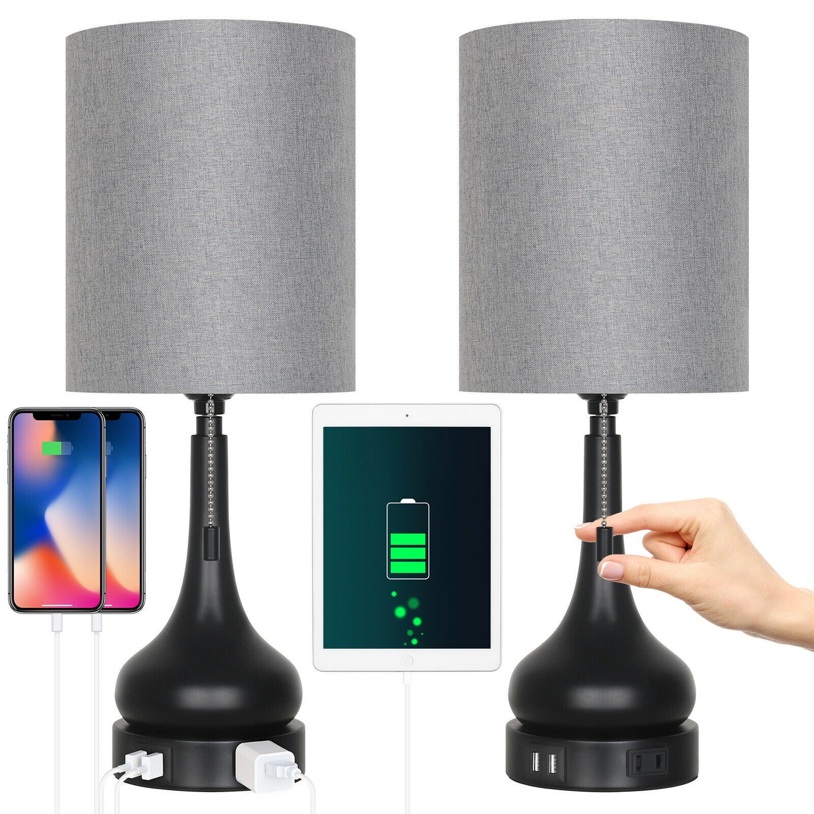 Modern Table Lamp with Dual USB AC Ports Touch Control Living Room Bedroom Gray Shade (Set of 2)