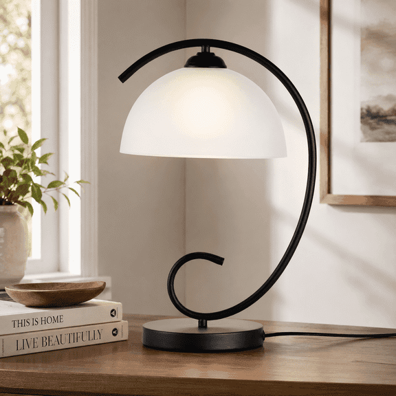 Modern Bedside Table Lamp with Frosted Glass Shade, Black Metal Base, Elegant Nightstand Lamp for Bedroom, Living Room or Office