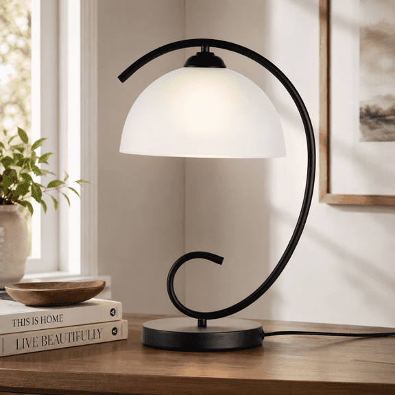 Modern Bedside Table Lamp with Frosted Glass Shade, Black Metal Base, Elegant Nightstand Lamp for Bedroom, Living Room or Office