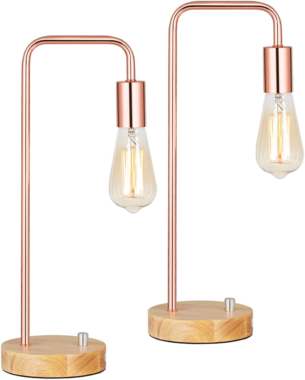 Modern Table Lamps, Industrial Bedside Lamps Set of 2 with Wooden Base