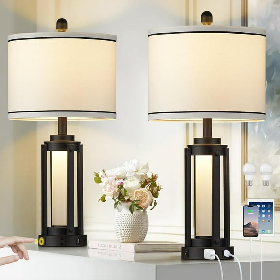 Industrial Table Lamps Set of 2, Modern Beside Lamp with USB A+C Charging Ports & AC Outlet, Rustic Nightstand Lamp with LED Night Light for Living Room Bedroom End Table Entryway Black Bulbs Include