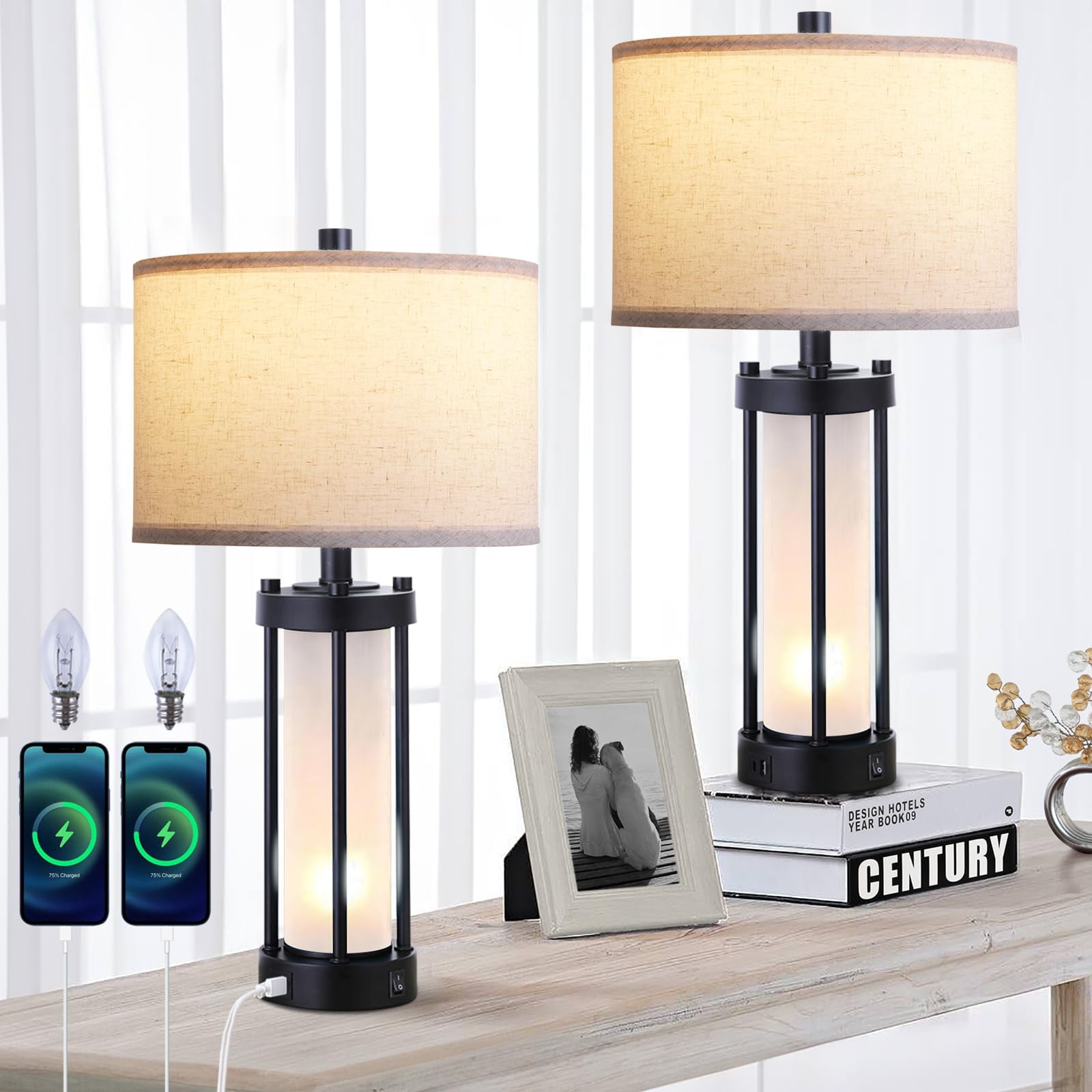 Lambaolom 2Piece Modern Living Room Table Lamps Frosted Glass, White