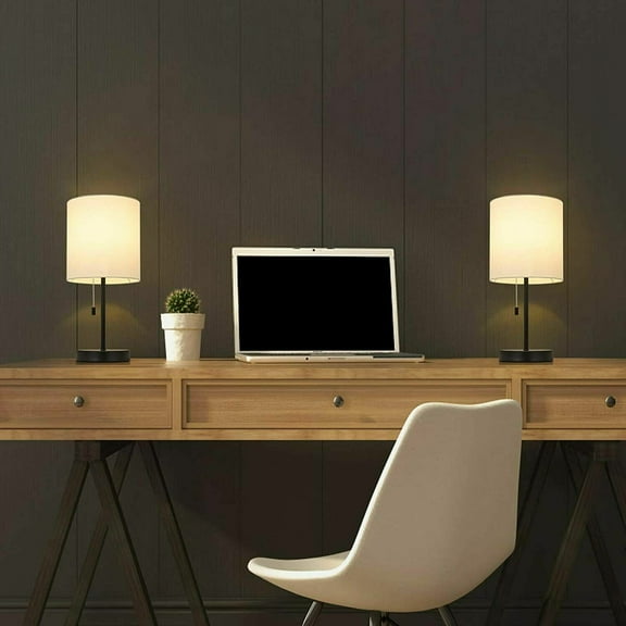Modern Table Lamps Set of 2 Fabric Shade w/Pull Chain Switch Bedroom Living Room