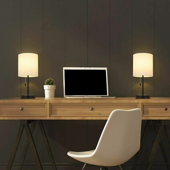 Modern Table Lamps Set of 2 Fabric Shade w/Pull Chain Switch Bedroom Living Room