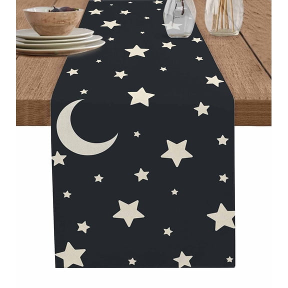 Modern Table Runner 120 Inches, Japanese Style Minimalist Moon Stars Black Bed Runner Dresser Scarves Tabletop for Indoor Outdoor Parties/Ceremony/Banquet, 13"x 120"