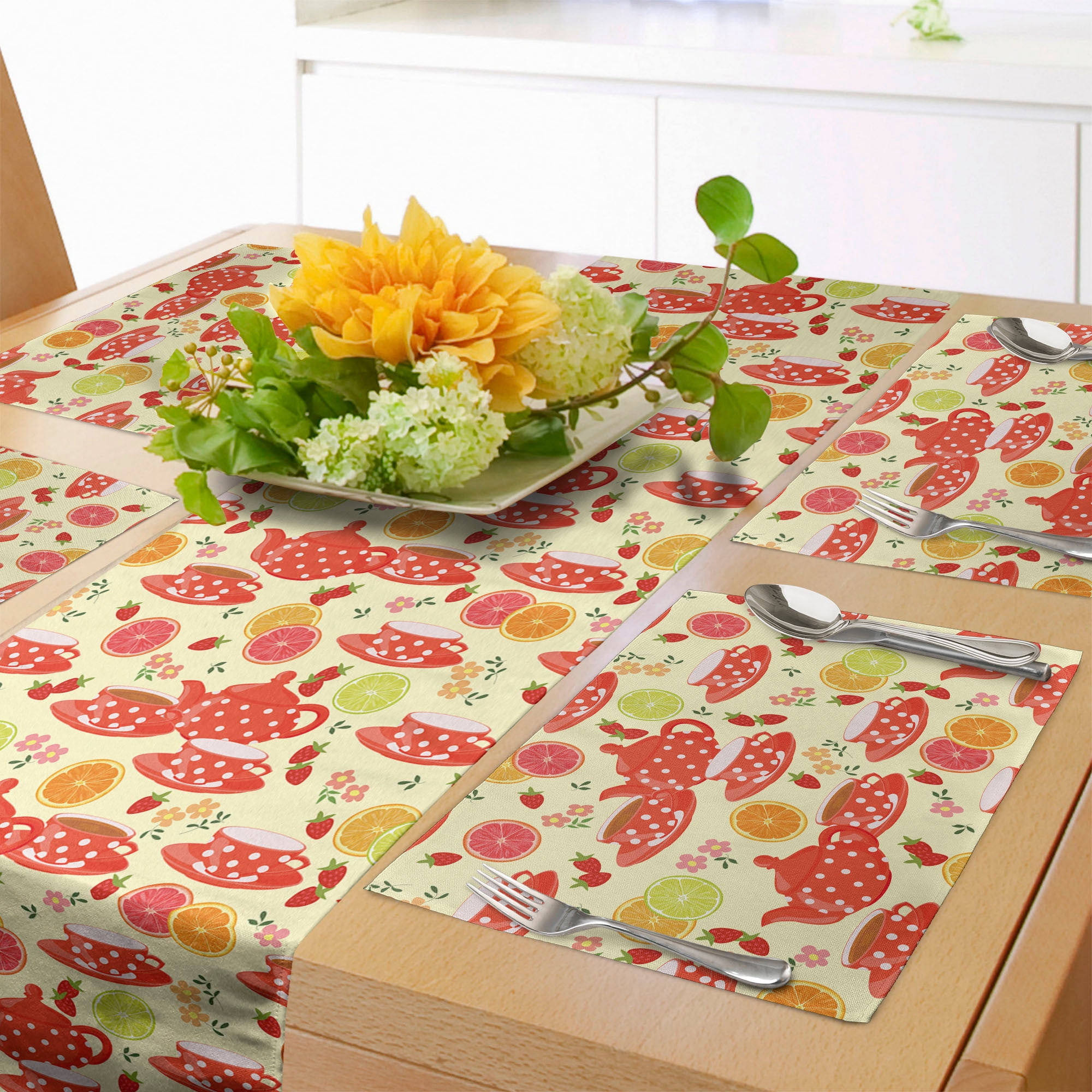 Modern Table Runner & Placemats, Teapots and Cup with Polka Dots Lime