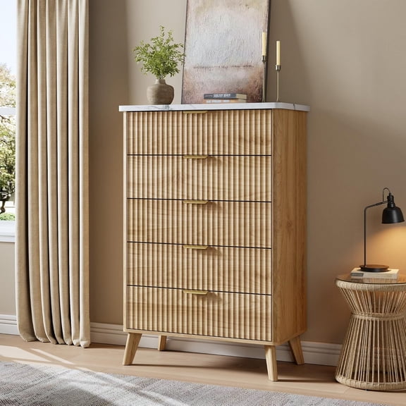 Modern Tall 5 Drawer Dresser, 47.2 in Wood Chest of Drawers with Fluted Front and Metal Handles, Storage Cabinet with Anti Tip Kit for Bedroom Living Room Hallway Entryway,Natural wood