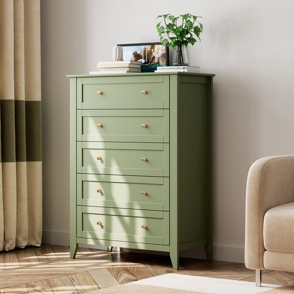 Tzou Modern Tall 5 Drawer Dresser for Bedroom, Deep Storage Cabinet with Metal Knobs, Wooden Chest Organizer for Entryway, Hallway