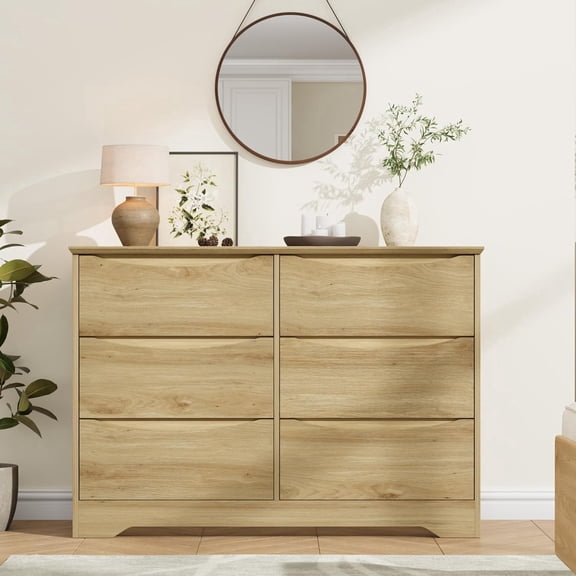 Modern Tall 6-Drawer Wooden Dresser with Wide Top & Deep Storage for Bedroom Living Room Hallway - Natural