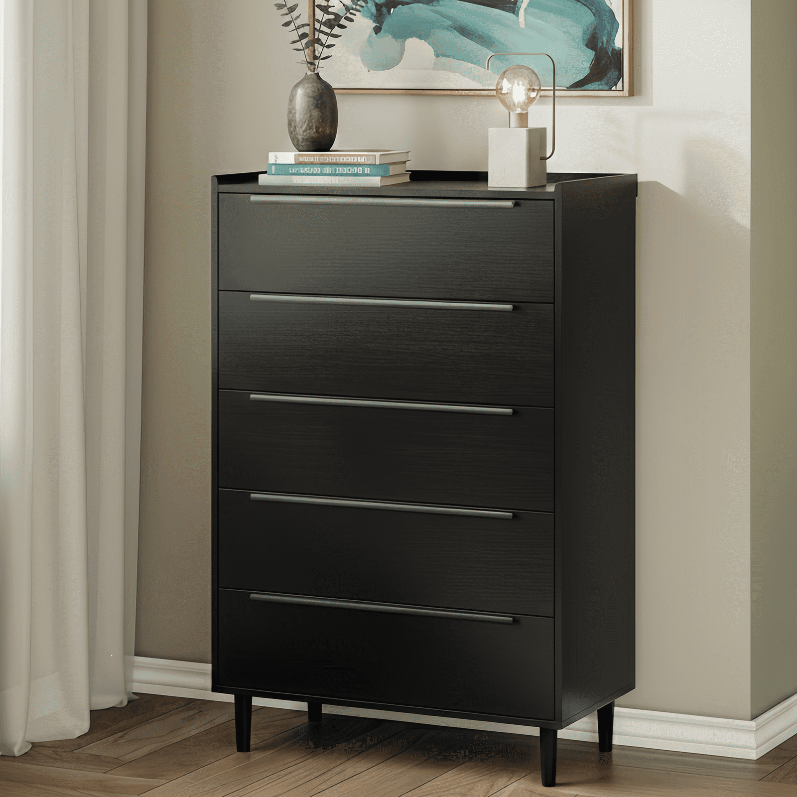 Modern Tall Black 5-Drawer Dresser, 48" Height Storage Cabinet with Metal Handles for Bedroom, Hallway or Living Room
