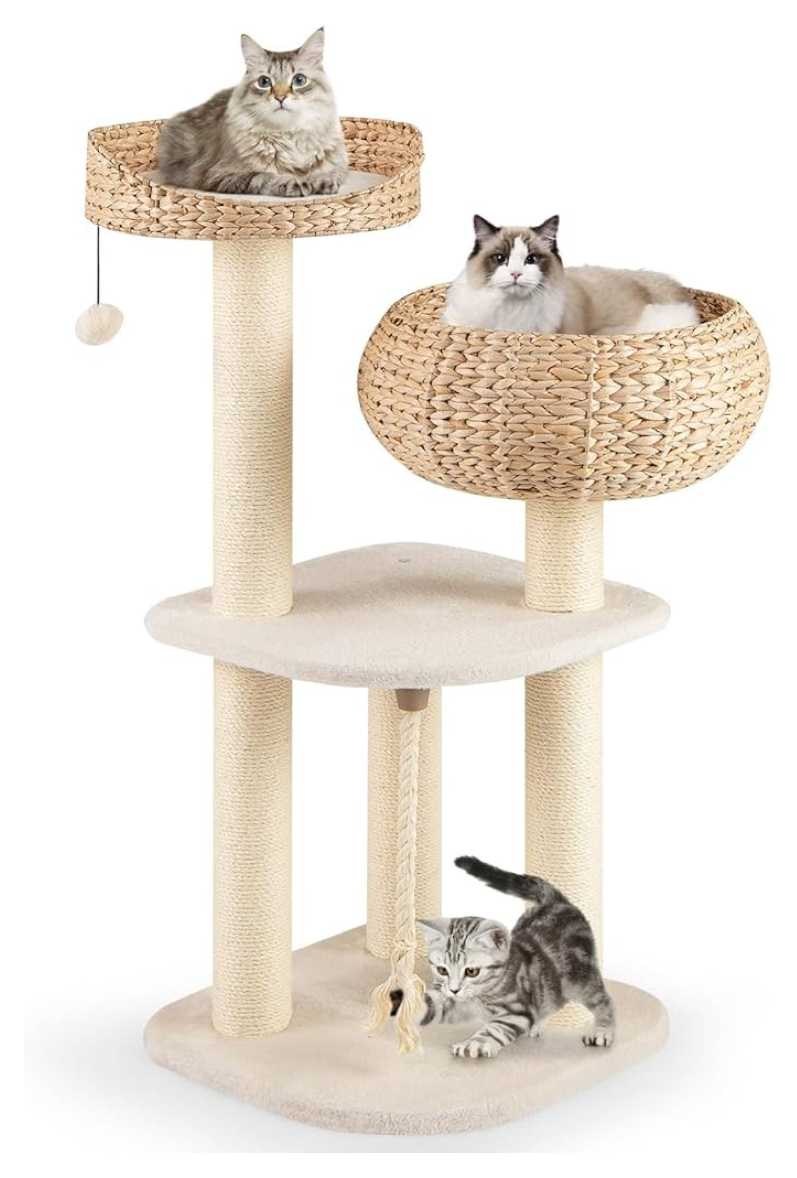 Modern , Tall Cat Tower with Natural Sisal Scratching Post, Hand-Made Wicker Cat Condo & Top Perch, Funny Hanging Toy Ball, Cute Tower for Indoor Cats