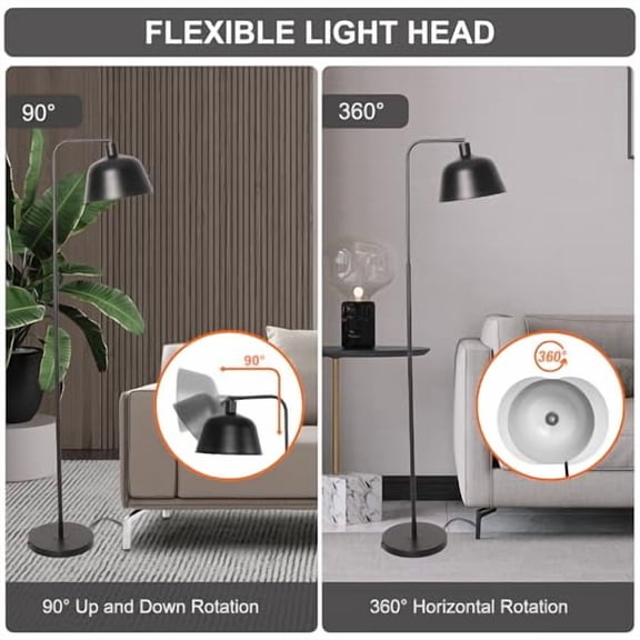 Modern Tall Floor Lamp with 8W LED Bulb, Standing Floor Lamp with Adjustable Metal Head, Foot Switch - Vintage Stand Up Light for Living Room, Bedroom, and Office - Black