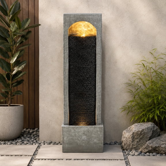 Modern Tall Outdoor Water Fountain, Dark Gray Resin Vertical Waterfall Feature