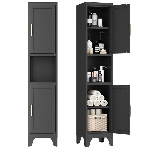 Modern Tall Slim Metal Cabinet with Adjustable Shelves & Doors, Open & Closed Storage, Adjustable Feet for Kitchen, Bathroom, Living Room, Apartment - Sturdy & Easy Assembly,Black