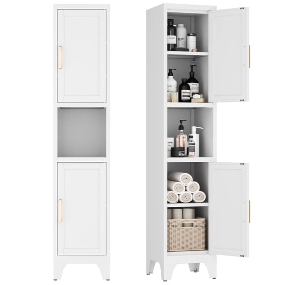 Modern Tall Slim Metal Cabinet with Adjustable Shelves & Doors, Open & Closed Storage, Adjustable Feet for Kitchen, Bathroom, Living Room, Apartment - Sturdy & Easy Assembly,White