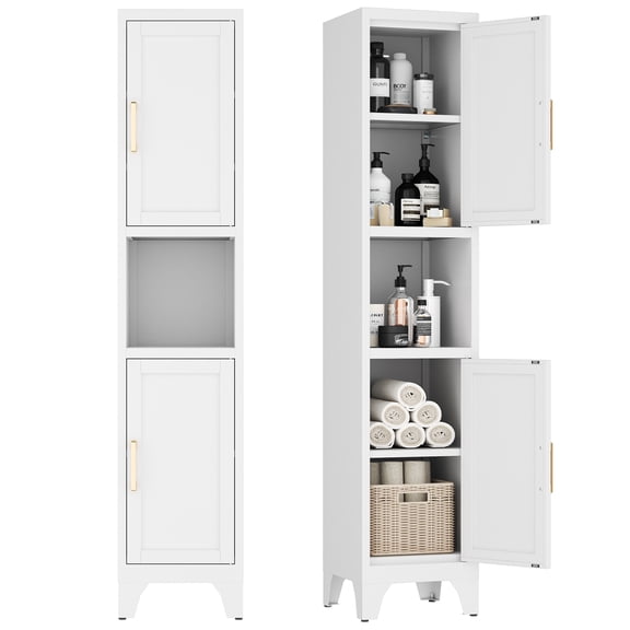 Modern Tall Slim Metal Cabinet with Adjustable Shelves & Doors, Open & Closed Storage, Adjustable Feet for Kitchen, Bathroom, Living Room, Apartment - Sturdy & Easy Assembly，White