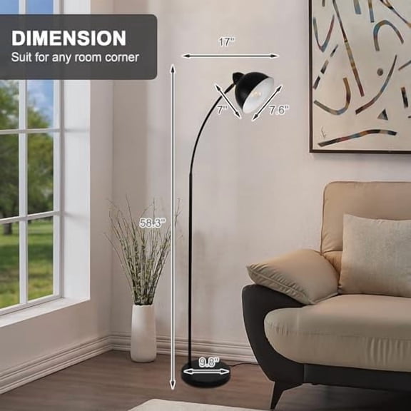 Modern Tall Standing Floor Lamp with Adjustable Metal Head, Vintage Style, Foot Switch & 8W LED Bulb - Ideal for Living Room, Bedroom, Study or Office - Black Finish
