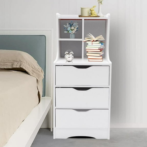 Modern Tall White Nightstand with 3 Drawers and Side Stand, Fabric Small Dresser Organizer Storage Tower Dresser with Open Shelf for Bedroom, Closet, Hallway, Office, End Table Side Furniture