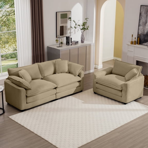 Modern Tan Corduroy Sofa Set for Living Room & Bedroom | 2-Piece Classic & Contemporary Design | Plush, High-Resilience Memory Foam Seating | Easy Assembly