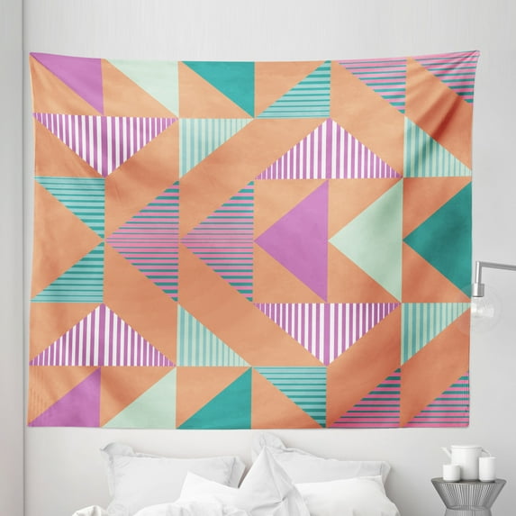 Modern Tapestry, Abstract Triangles Pastel Striped Pattern with Teal Mint Fuchsia Details, Fabric Wall Hanging Decor for Bedroom Living Room Dorm, 5 Sizes, Dark Peach Multicolor, by Ambesonne