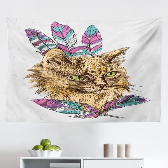 Modern Tapestry, Colorful Artwork of an Human Being in Normal City Life Crazy Cat Lady Image Print, Fabric Wall Hanging Decor for Bedroom Living Room Dorm, 2 Sizes, Multicolor, by Ambesonne