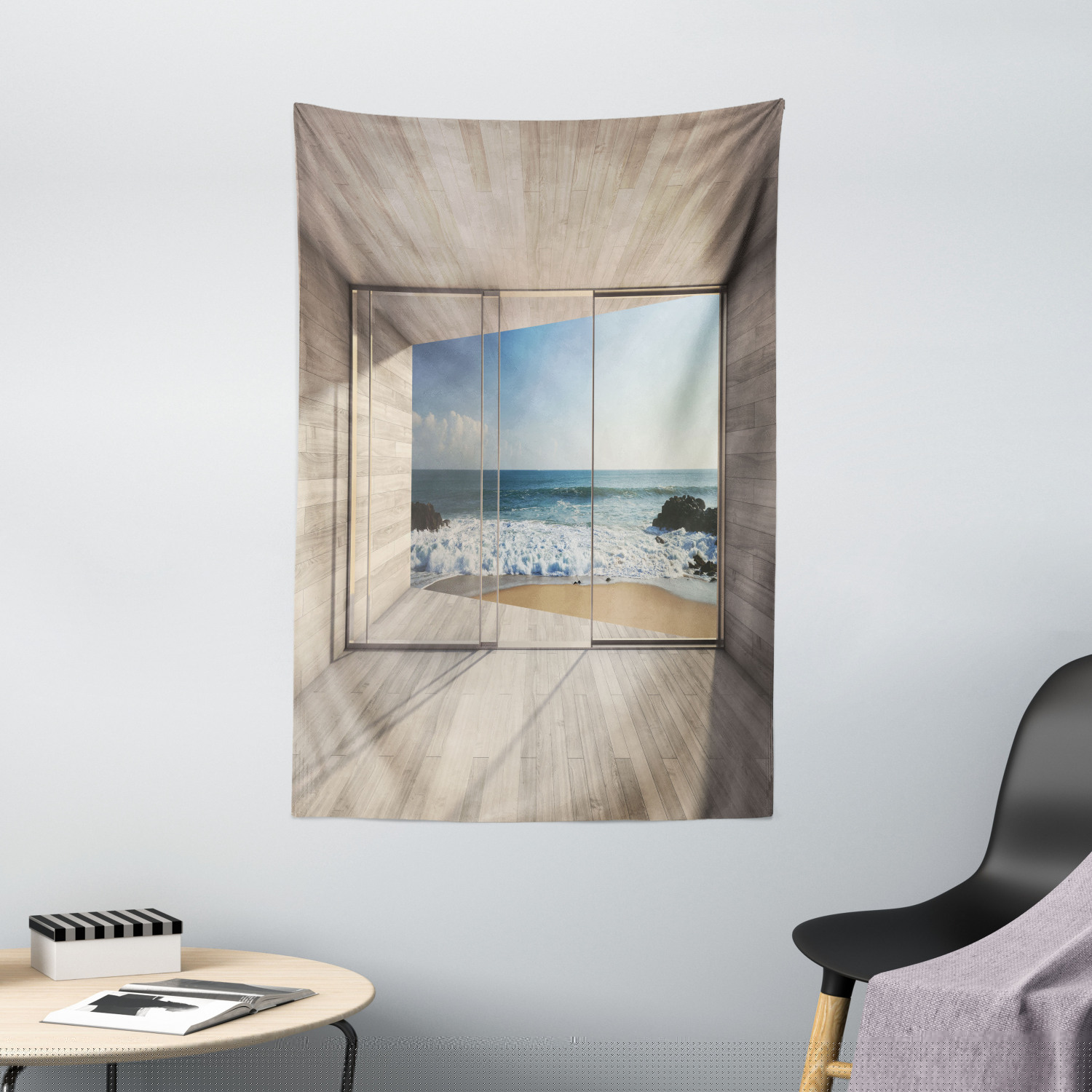 thumbnail image 1 of Modern Tapestry, Empty Modern Lounge Area with Large Window and view of Sea Waves Rocks Art, Wall Hanging for Bedroom Living Room Dorm Decor, 40W X 60L Inches, Beige Blue White, by Ambesonne, 1 of 1