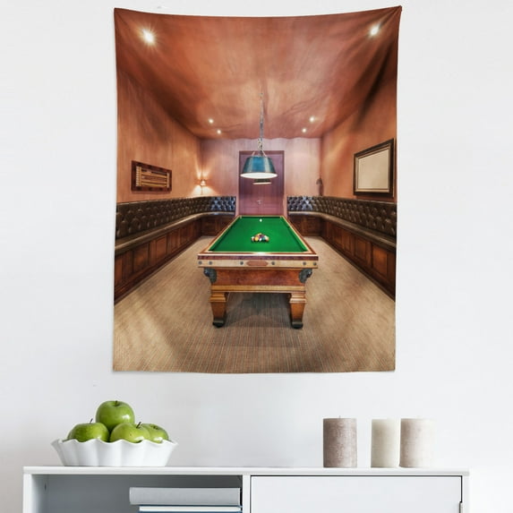 Modern Tapestry, Entertainment Room in Mansion Pool Table Billiard Lifestyle Photo Print, Fabric Wall Hanging Decor for Bedroom Living Room Dorm, 5 Sizes, Cinnamon Brown Green, by Ambesonne