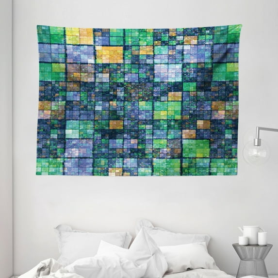 Modern Tapestry, Mosaic Geometric Design with Rainbow Colors Patchwork like Design Artwork, Wall Hanging for Bedroom Living Room Dorm Decor, 80W X 60L Inches, Blue Yellow and Green, by Ambesonne