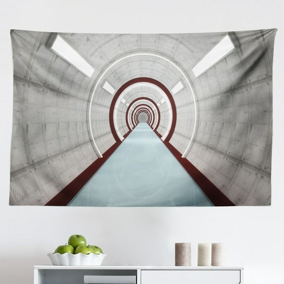 Modern Tapestry, Pattern of Modern Long Corridor Contemporary Geometric Structure Tunnel Picture, Fabric Wall Hanging Decor for Bedroom Living Room Dorm, 2 Sizes, Orange Grey, by Ambesonne