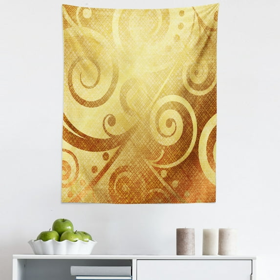 Modern Tapestry, Vector Canvas Design Floral Swirls Leaves Spring Nature Inspired Image, Fabric Wall Hanging Decor for Bedroom Living Room Dorm, 5 Sizes, Earth Yellow Brown, by Ambesonne