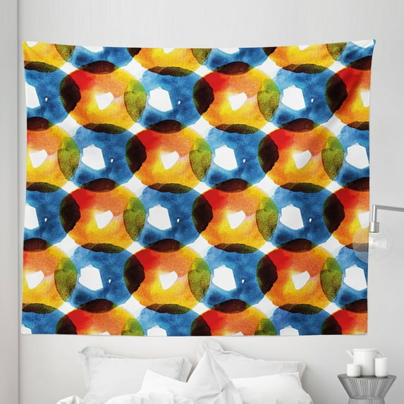 Modern Tapestry, Watercolor Drawing of Circular Bold Ring Shapes Vibrant Flow Macro Display, Fabric Wall Hanging Decor for Bedroom Living Room Dorm, 5 Sizes, Orange Blue, by Ambesonne