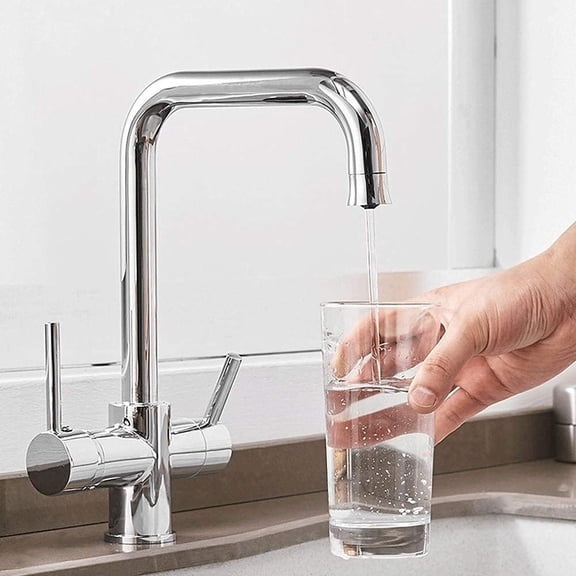 Modern Taps,3 Way Water Filter Taps Kitchen Sink Mixer Tap Pure Drinking Faucet Dual Lever 360° Rotatable Stand 3-Way Kitchen Faucet for Water Filter, Beige Plating Chrome