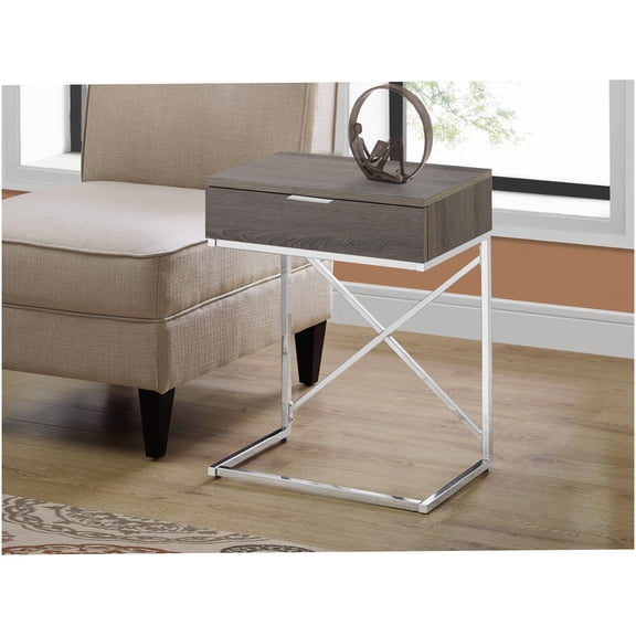 Modern Taupe Accent Table with Storage Drawer, Chrome X-Base Side End Table Nightstand for Living Room Bedroom