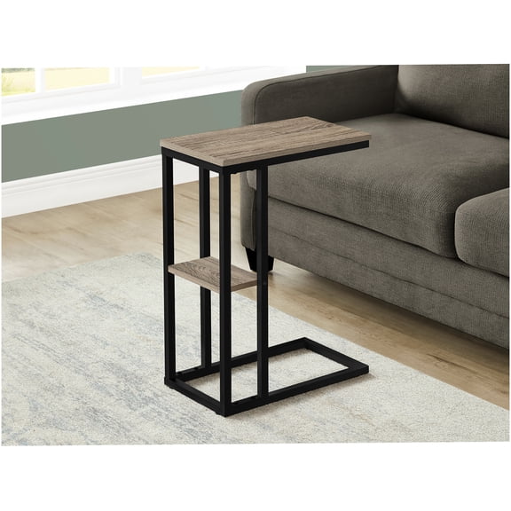 Modern Taupe C-Shaped End Table with Shelf, Sofa Sliding Design for Living Room, Bedroom, or Office