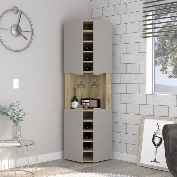 Modern Taupe/ Corner Bar Cabinet With Cupboard Ten Built-in Wine Rack - /taupe Finish Cup Shelf Superior 17.7''w X 17.7''d Four Independent Cabinets Solid Wood + Engineered 71.7''h 109.07 Lb ,