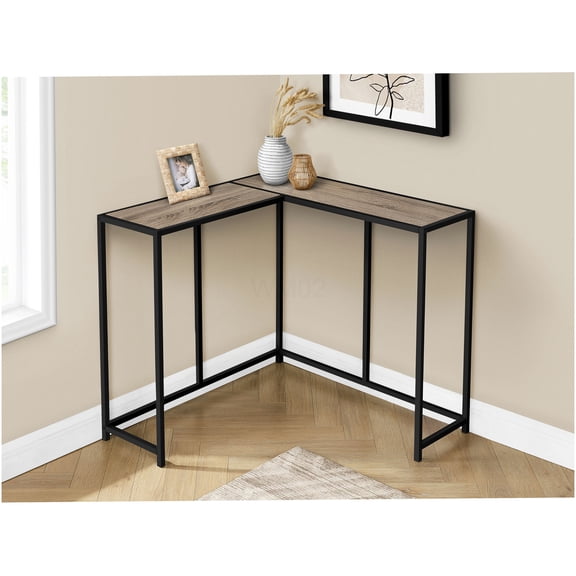 Modern Taupe L-Shaped Accent Console Table with Metal Frame for Corner Placement