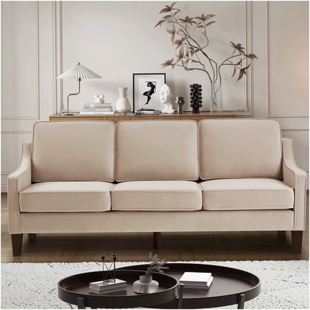 Taupe Velvet 3-Seater Sofa with Scooped Armrests & Wooden Legs for Living Room