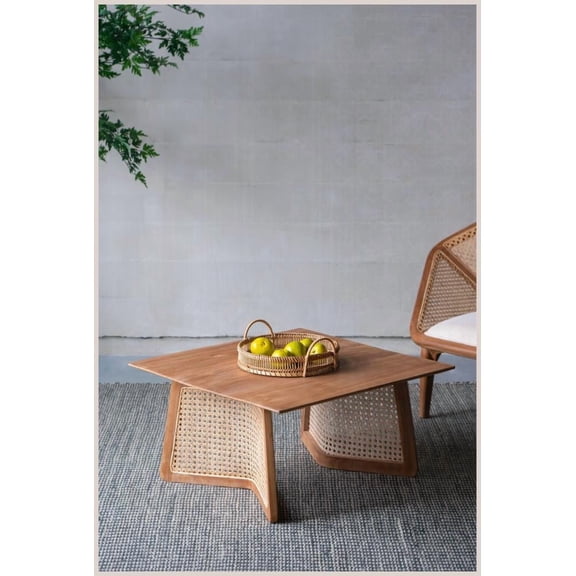 Modern Teak & Rattan Coffee Table for Living Room - 27.6'' Square, Durable Brown Finish Centerpiece