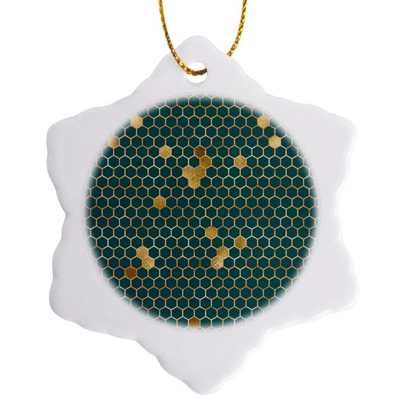 3drose, Modern Teal and Image of Gold Honeycomb Geometric Pattern, 3 inch Snowflake Porcelain Ornament