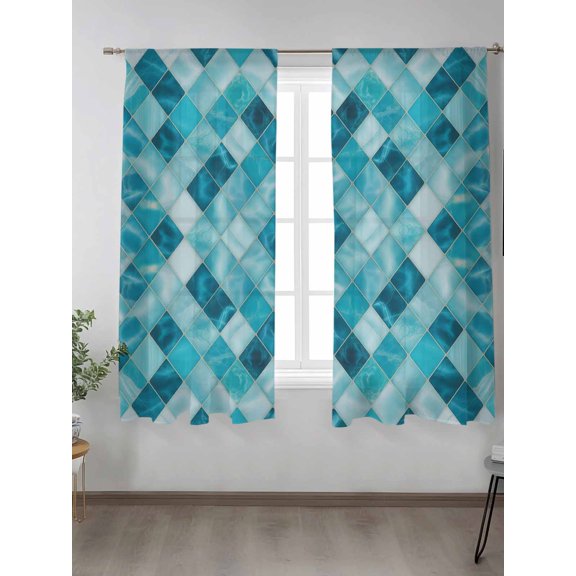 Modern Teal Blue Diamond Chiffon Sheer Curtains 72 Inches Long, Geometric Line Buffalo Plaid 2 Rod Pocket Window Treatment Voile Drapes Curtains for Living Room Bedroom,2 Panels, 52x72In