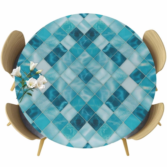 Modern Teal Blue Diamond Fitted Round Tablecloths Elastic Edged Table Covers 36"-44",Waterproof Table Cloth for Kitchen Holiday Party Tables Decor