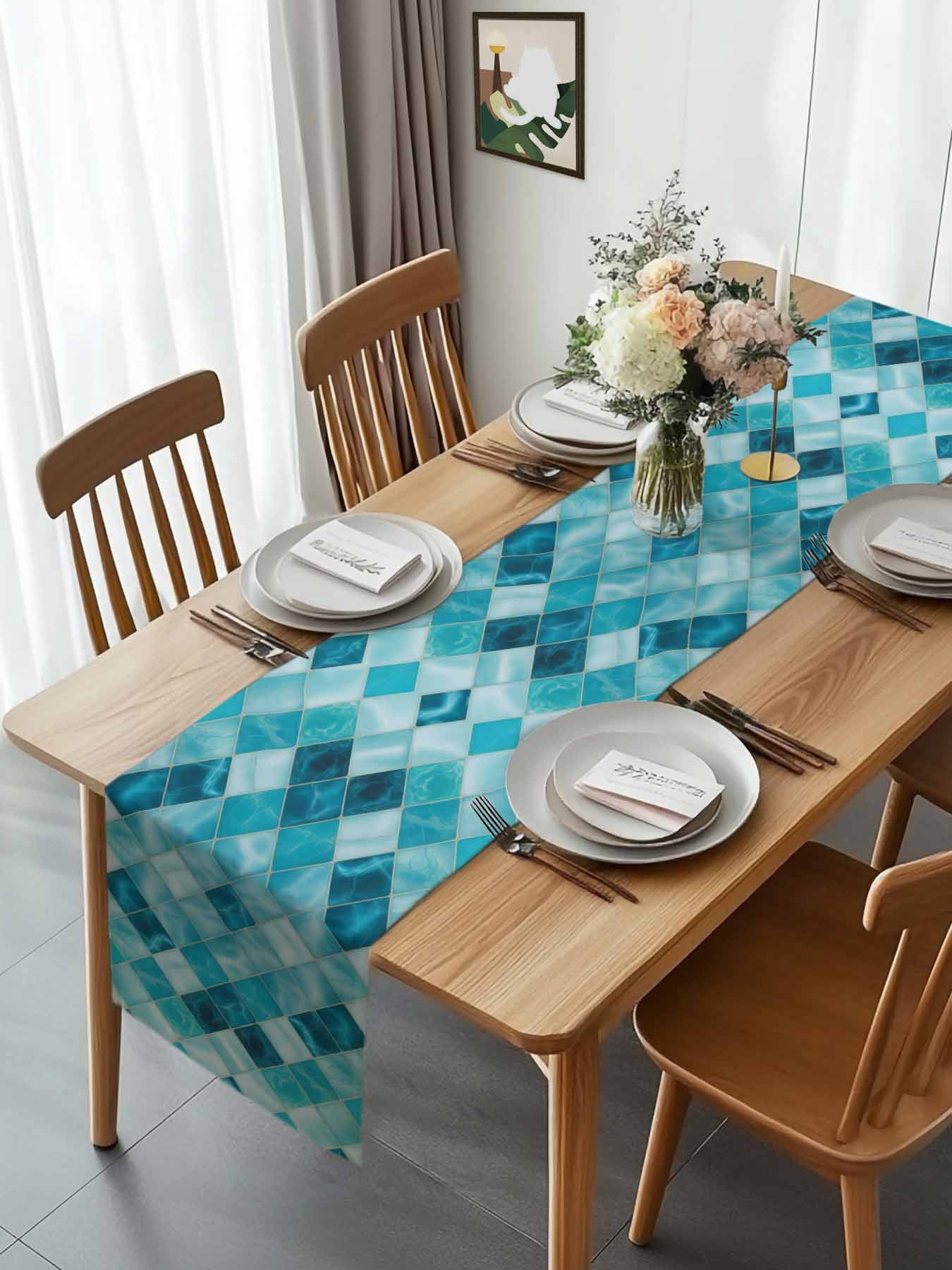 Modern Teal Blue Diamond Table Runner 90 Inches Long, Geometric Line Buffalo Plaid Table Runners Tabletop Scarf Kitchen Dining Tables Decoration for Home Party Indoor Outdoor
