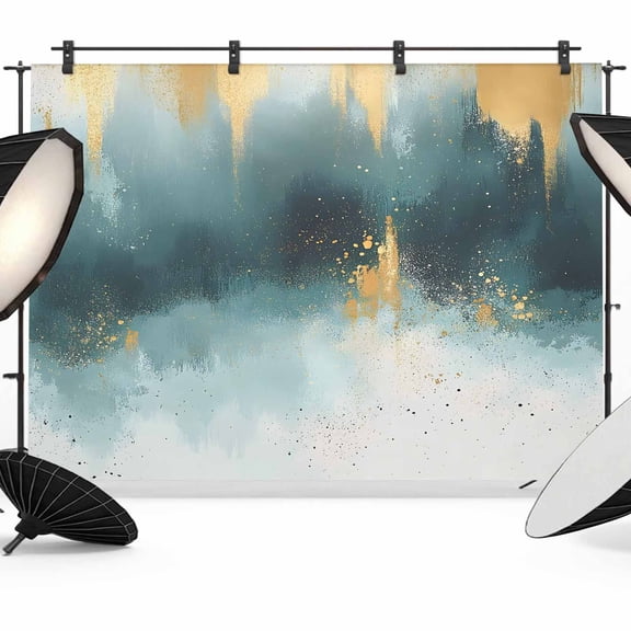 Modern Teal Gold Backdrop for Photography, Fabric Photo Background Backdrop, Abstract Geometric Lines Photo Booth Background for Portrait Photoshoot Video Wedding Studio Decoration Banner 7x5ft