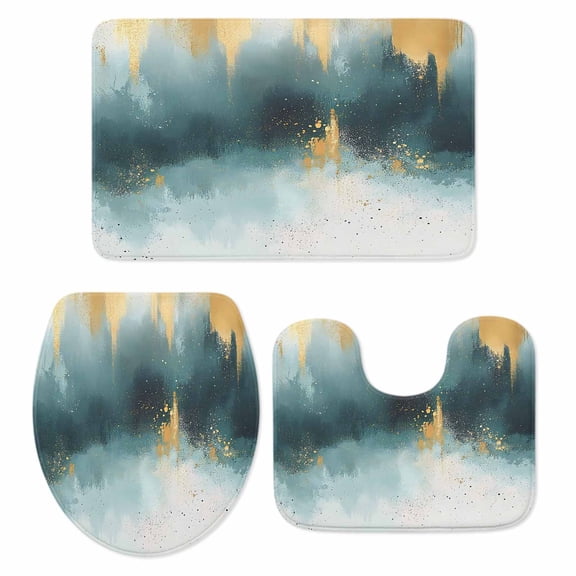 Modern Teal Gold Bath Mat 3 Piece Bathroom Rug Set, Abstract Geometric Lines Non Slip Bath Rug Contour Mat and Toilet Lid Cover, Absorbent Shower Mats Soft Bath Rugs and Mats Sets