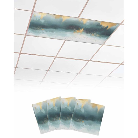 Modern Teal Gold Fluorescent Light Covers for Ceiling Lights 4x2 feet, 4 Pack Magnetic Light Filters for Classroom, Abstract Geometric Lines Fluorescent Light Shade Panel for Office School Drop Home